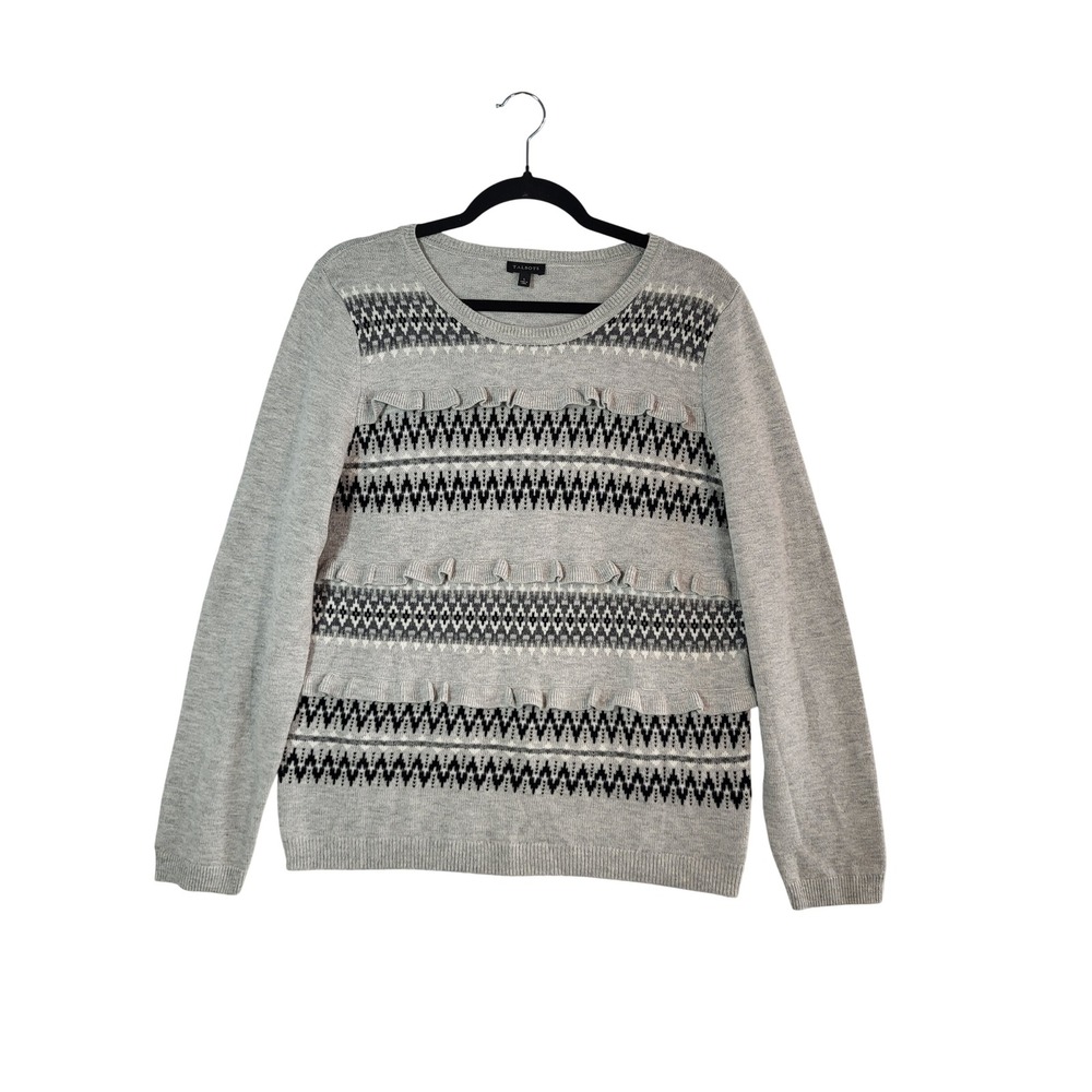 Talbots Fair Isle Sweater Women L Gray Lambswool Blend Ruffle Crew Neck